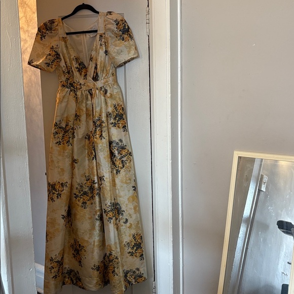 BHLDN by Anthropologie Aurora puff - sleeve taffeta maxi dress yellow floral 2 - Picture 3 of 8
